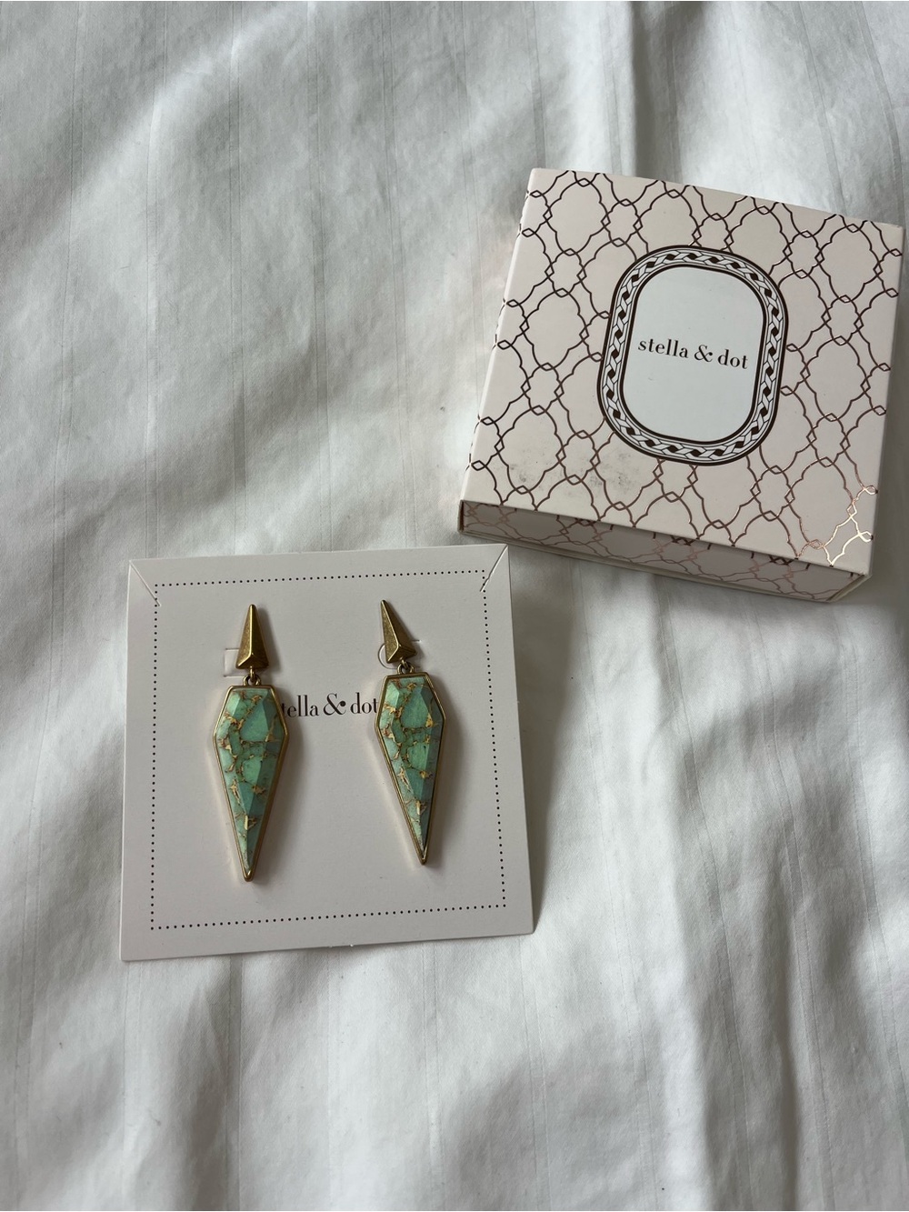 Stella & Dot Gold and Turquoise Marble Pointed Drop Earrings